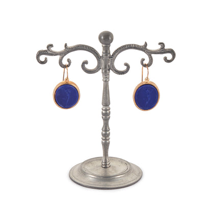 Stylish lapis glass intaglios drop earrings set in vintage 9ct gold vermeil (gold plated on silver). Made by Italian designer Marcello Fontana.