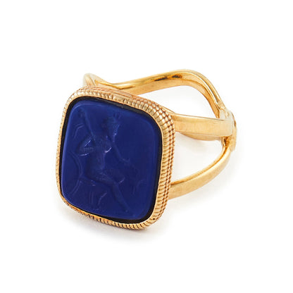 Stylish lapis glass intaglio set in a vintage 9ct gold vermeil (gold plated on silver) ring made by Italian designer Marcello Fontana.
