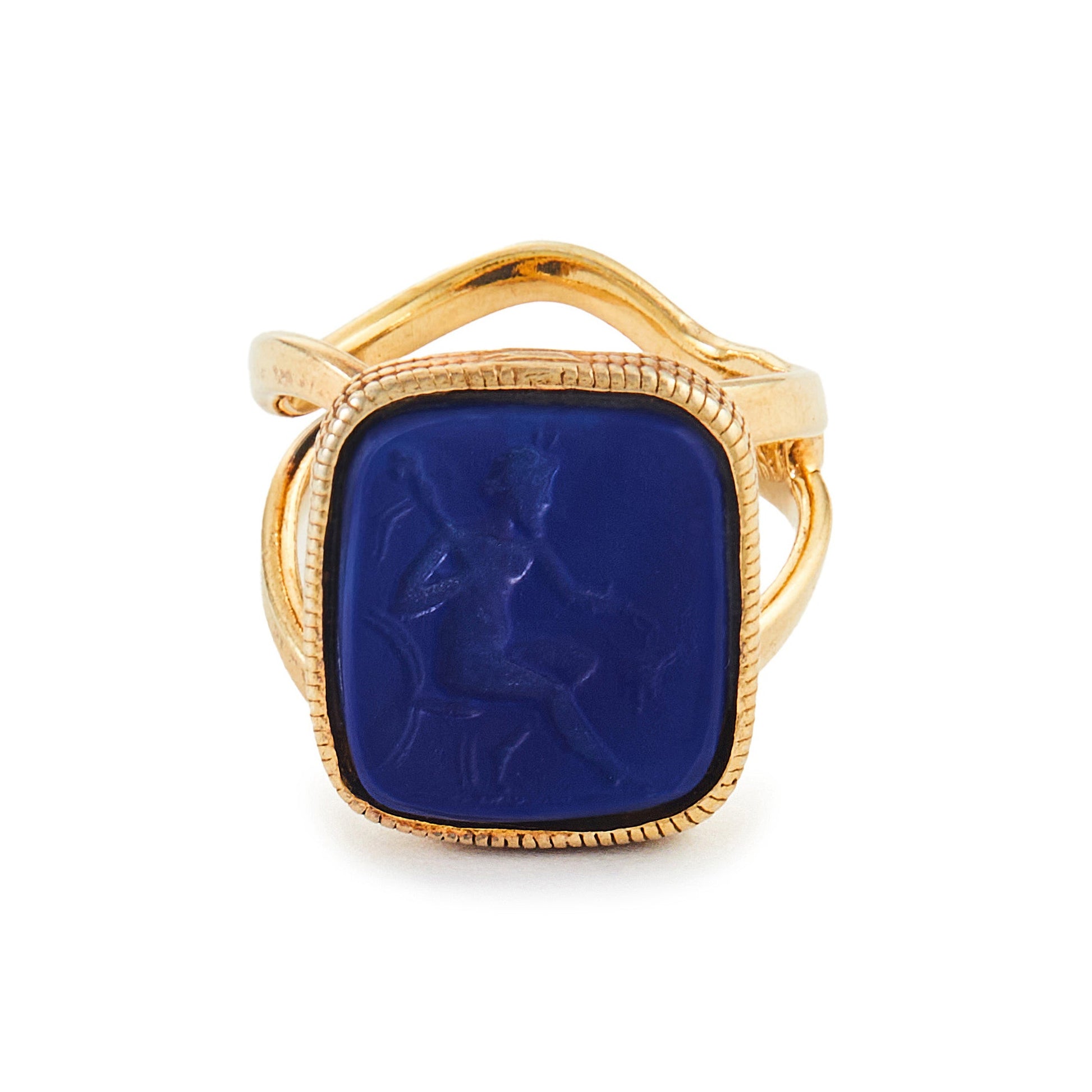 Stylish lapis glass intaglio set in a vintage 9ct gold vermeil (gold plated on silver) ring made by Italian designer Marcello Fontana.