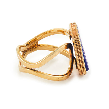 Stylish lapis glass intaglio set in a vintage 9ct gold vermeil (gold plated on silver) ring made by Italian designer Marcello Fontana.