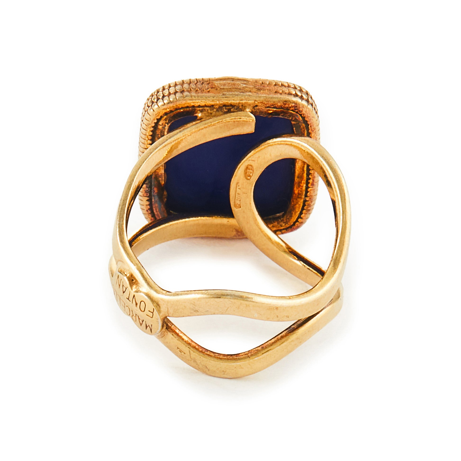 Stylish lapis glass intaglio set in a vintage 9ct gold vermeil (gold plated on silver) ring made by Italian designer Marcello Fontana.