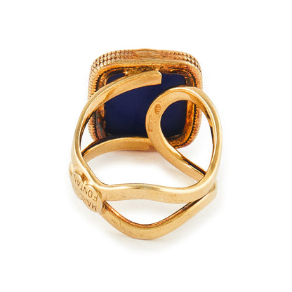 Stylish lapis glass intaglio set in a vintage 9ct gold vermeil (gold plated on silver) ring made by Italian designer Marcello Fontana.