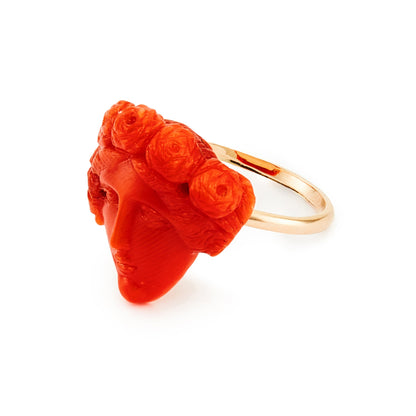 Exquisite 9ct gold ring with a beautifully carved Victorian natural Mediterranean coral face with a floral crown.