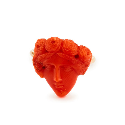 Exquisite 9ct gold ring with a beautifully carved Victorian natural Mediterranean coral face with a floral crown.