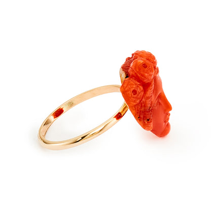 Exquisite 9ct gold ring with a beautifully carved Victorian natural Mediterranean coral face with a floral crown.