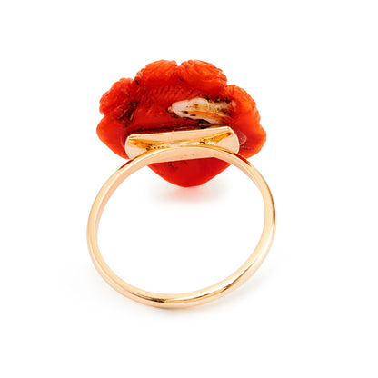 Exquisite 9ct gold ring with a beautifully carved Victorian natural Mediterranean coral face with a floral crown.