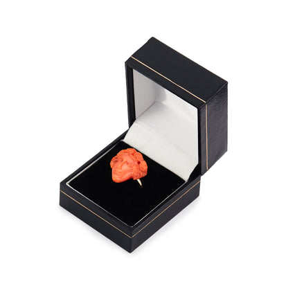 Exquisite 9ct gold ring with a beautifully carved Victorian natural Mediterranean coral face with a floral crown.