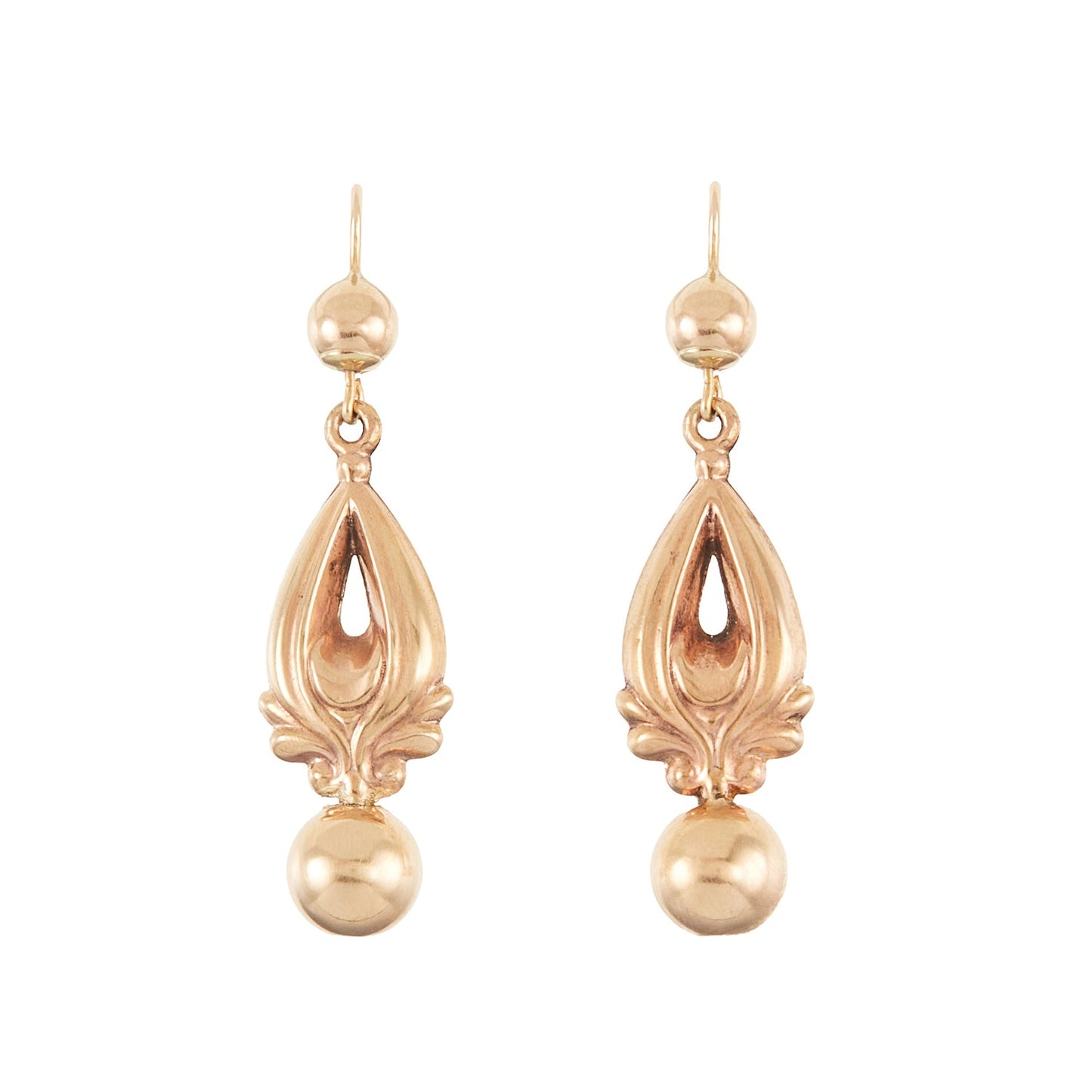 Ornate repoussé 9ct gold Victorian drop earrings. The earrings are hollow and therefore not heavy on the ear.
