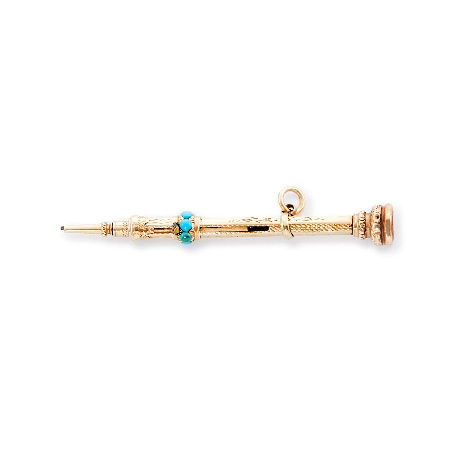 Dainty Victorian 9ct yellow gold pencil pendant set with eight small turquoise stones and a citrine.