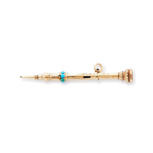 Dainty Victorian 9ct yellow gold pencil pendant set with eight small turquoise stones and a citrine.