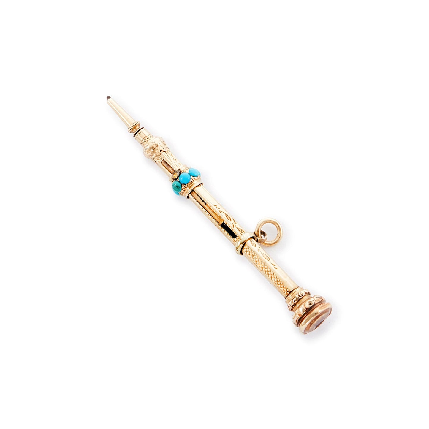 Dainty Victorian 9ct yellow gold pencil pendant set with eight small turquoise stones and a citrine.