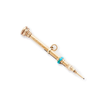 Dainty Victorian 9ct yellow gold pencil pendant set with eight small turquoise stones and a citrine.