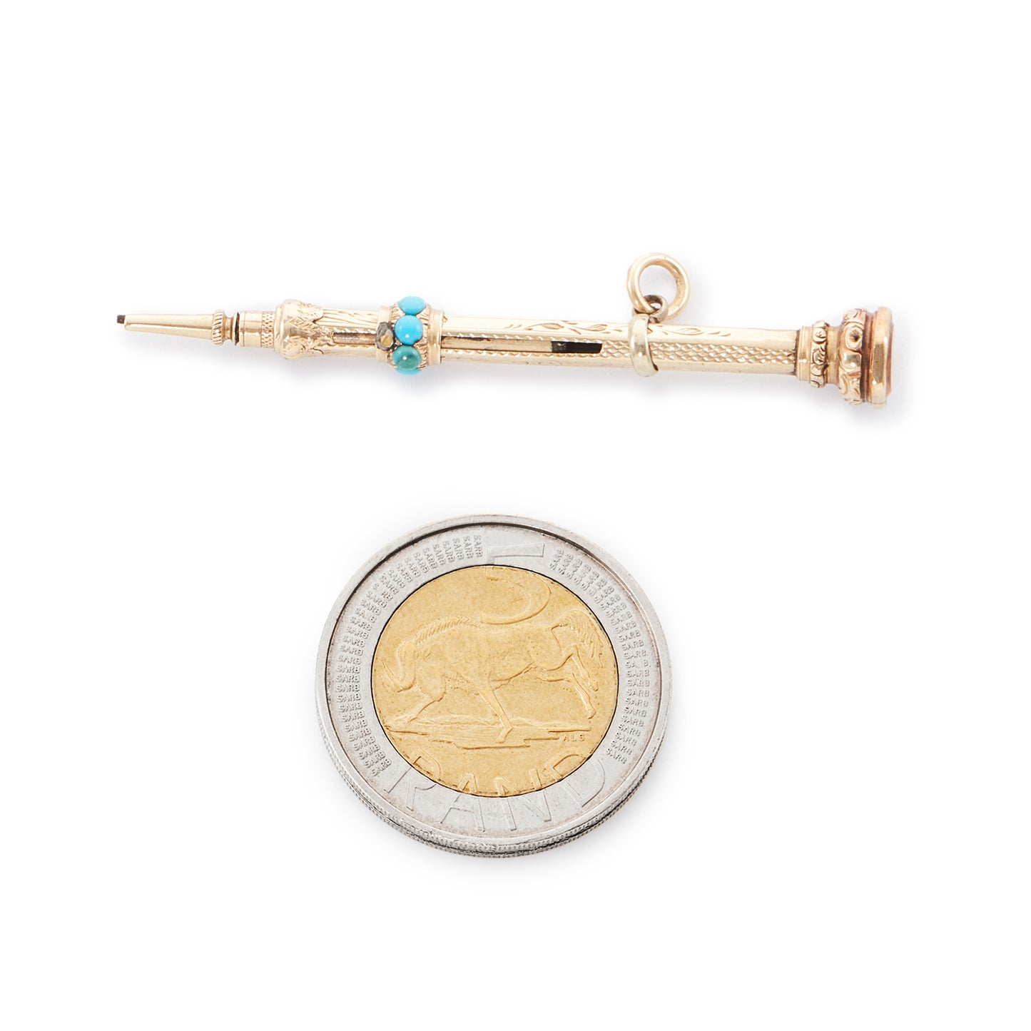 Dainty Victorian 9ct yellow gold pencil pendant set with eight small turquoise stones and a citrine.