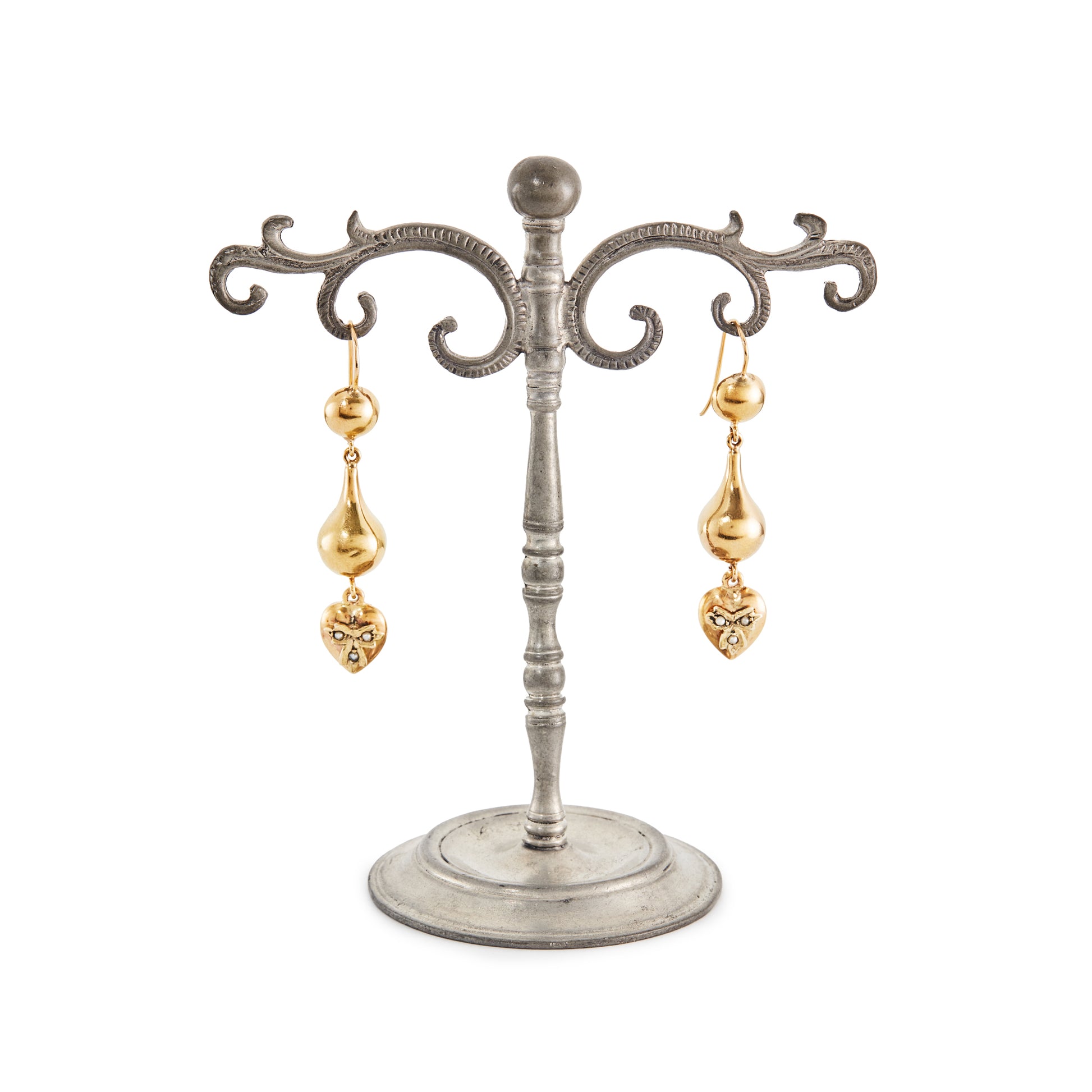 Stunning vintage 9ct yellow gold drop earrings, each with a dangling heart  that is set with three seed pearls.