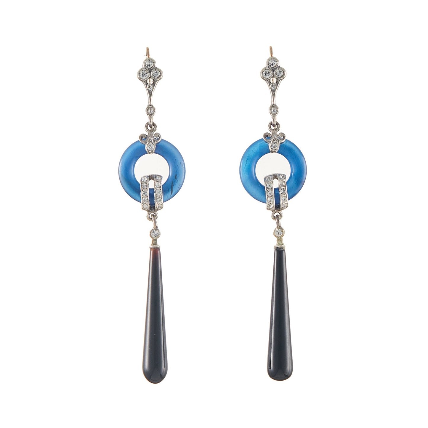 Stunning Art Deco style sterling silver earrings set with pastes, blue agates and onyx drops, with 9ct gold shepherd hooks.