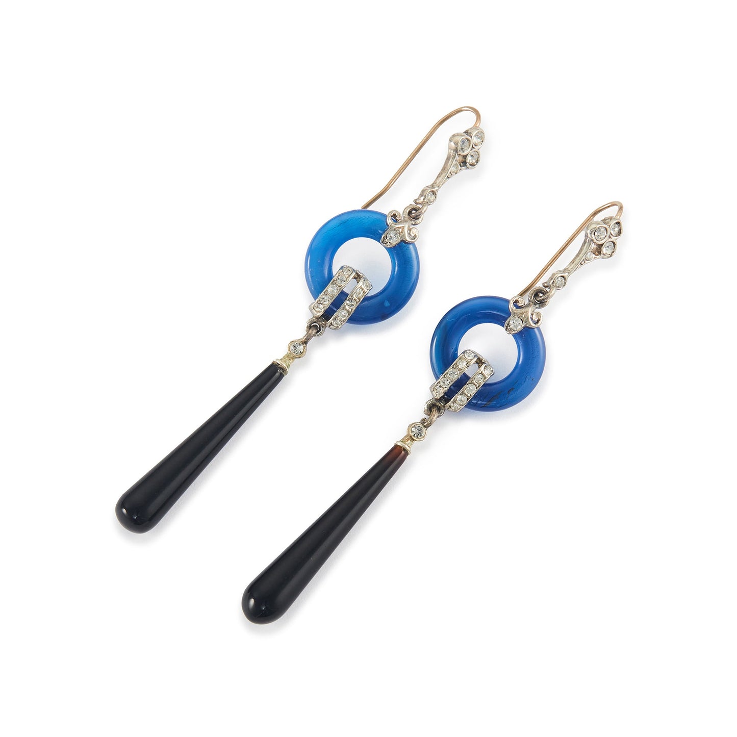 Stunning Art Deco style sterling silver earrings set with pastes, blue agates and onyx drops, with 9ct gold shepherd hooks.