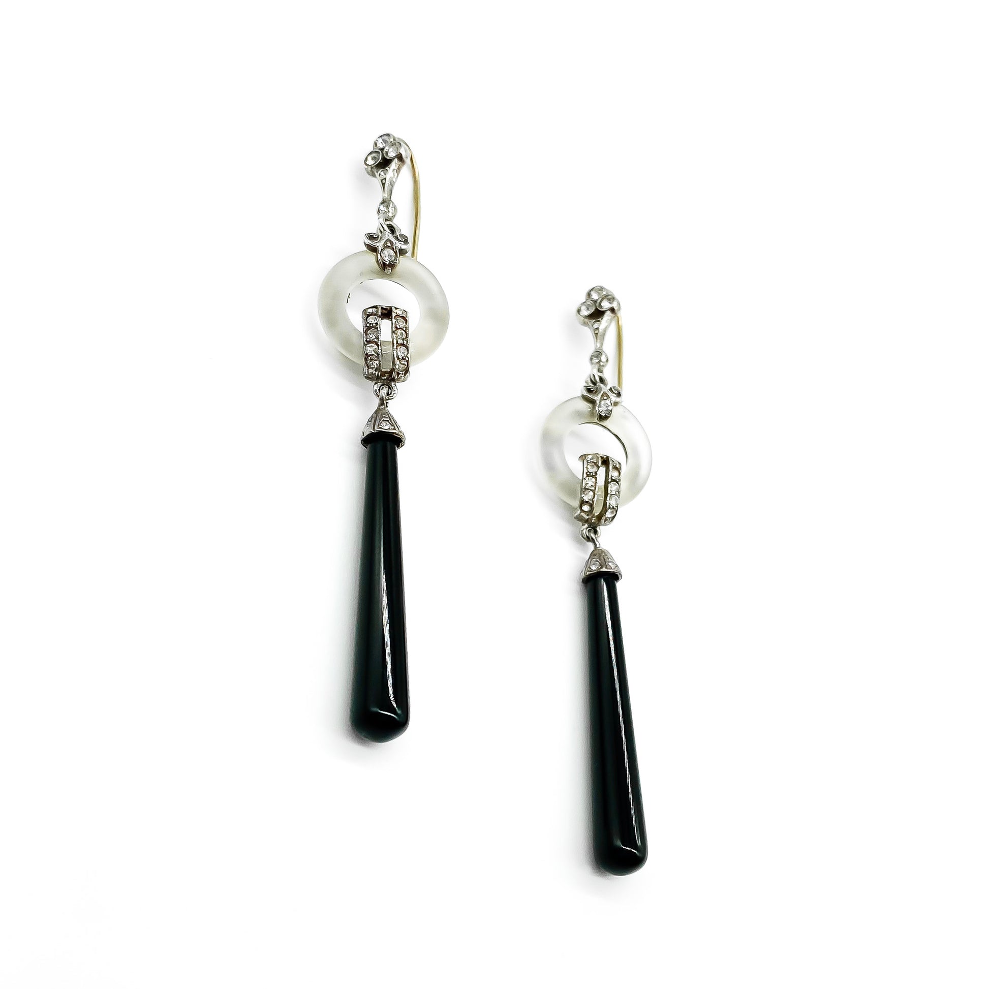 Stunning Art Deco style silver earrings set with pastes, agates and onyx drops with 9ct gold shepherd hooks.