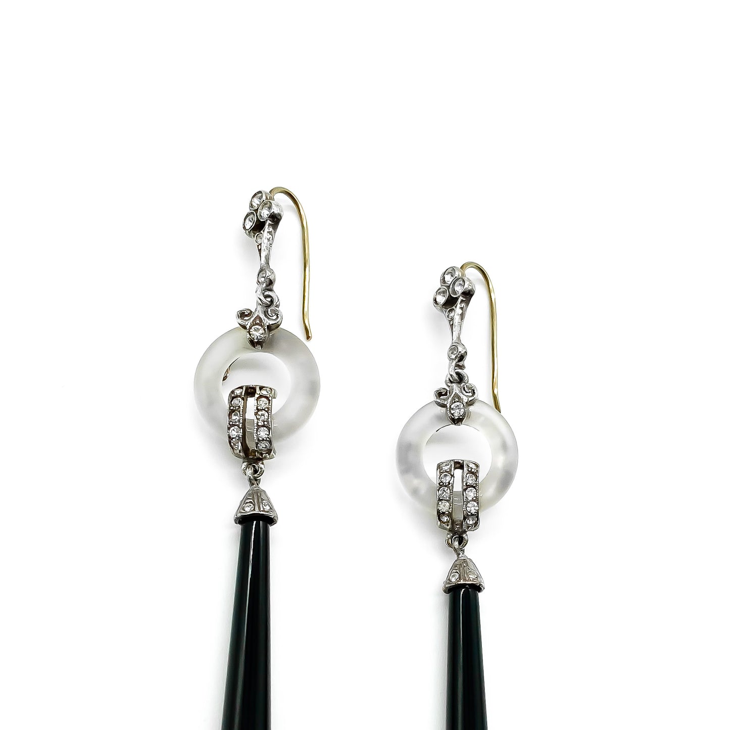 Stunning Art Deco style silver earrings set with pastes, agates and onyx drops with 9ct gold shepherd hooks.