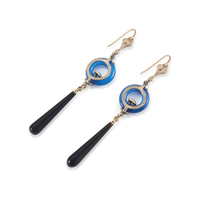 Stunning Art Deco style sterling silver earrings set with pastes, blue agates and onyx drops, with 9ct gold shepherd hooks.
