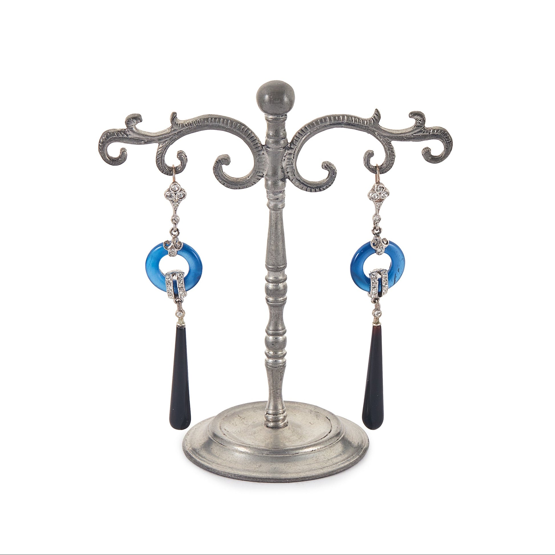 Stunning Art Deco style sterling silver earrings set with pastes, blue agates and onyx drops, with 9ct gold shepherd hooks.