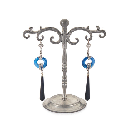 Stunning Art Deco style sterling silver earrings set with pastes, blue agates and onyx drops, with 9ct gold shepherd hooks.