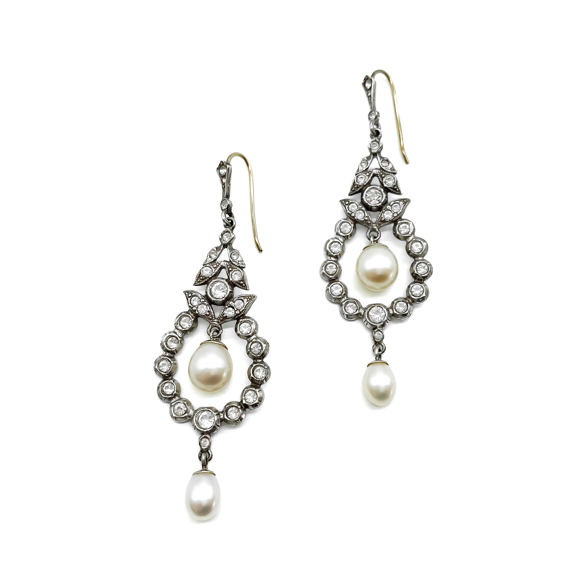 Beautiful Edwardian style silver earrings with 9ct gold shepherd hooks set with pastes and freshwater pearls. The perfect accessory for a bride.