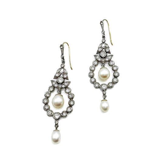 Beautiful Edwardian style silver earrings with 9ct gold shepherd hooks set with pastes and freshwater pearls. The perfect accessory for a bride.