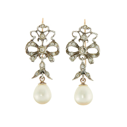 Lovely vintage sterling silver paste dangling earrings with pearl drops and 9ct gold hooks. Lovely for a bride.