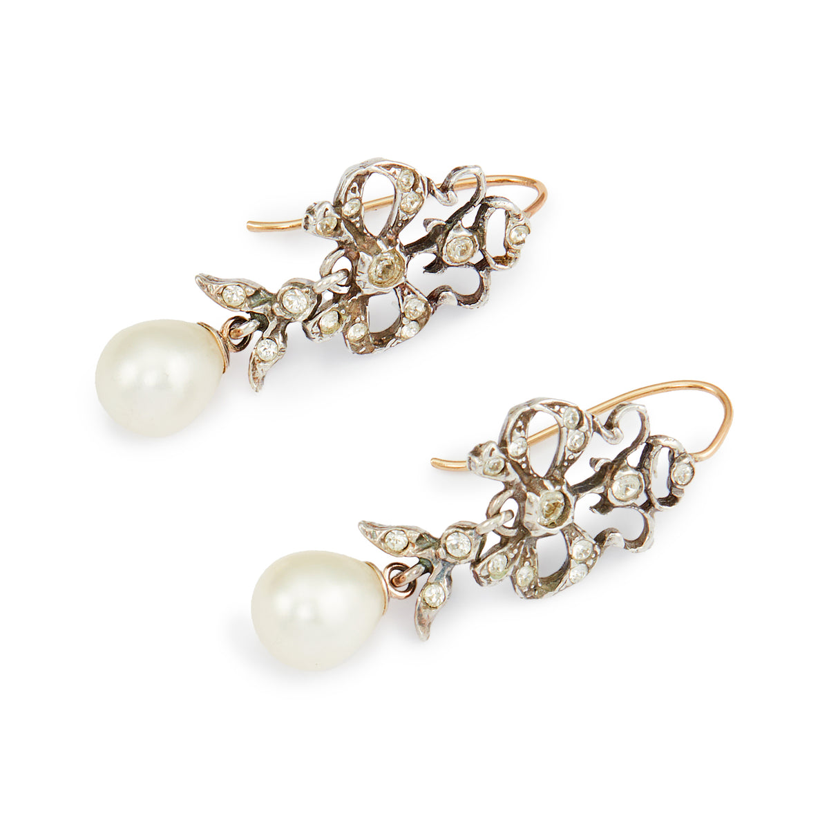 Lovely vintage sterling silver paste dangling earrings with pearl drops and 9ct gold hooks. Lovely for a bride.