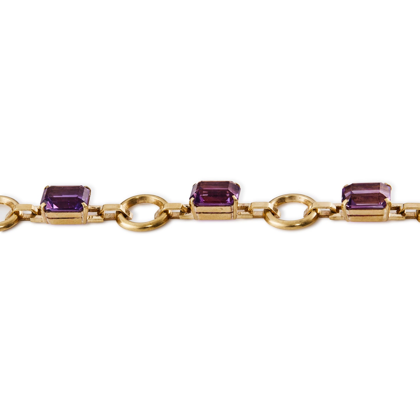 Classic 9ct rose gold bracelet set with six faceted rectangular deep purple amethysts and a bolt ring clasp.&nbsp;