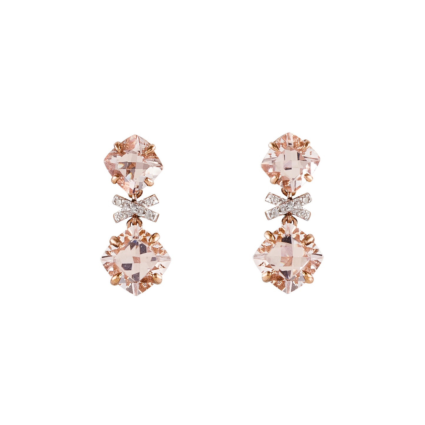 Stunning 9ct rose gold pendant earrings, each set with two pink cushion cut morganites and five tiny diamonds, set in white gold.