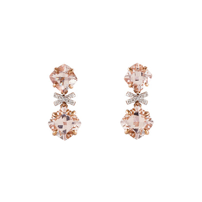 Stunning 9ct rose gold pendant earrings, each set with two pink cushion cut morganites and five tiny diamonds, set in white gold.