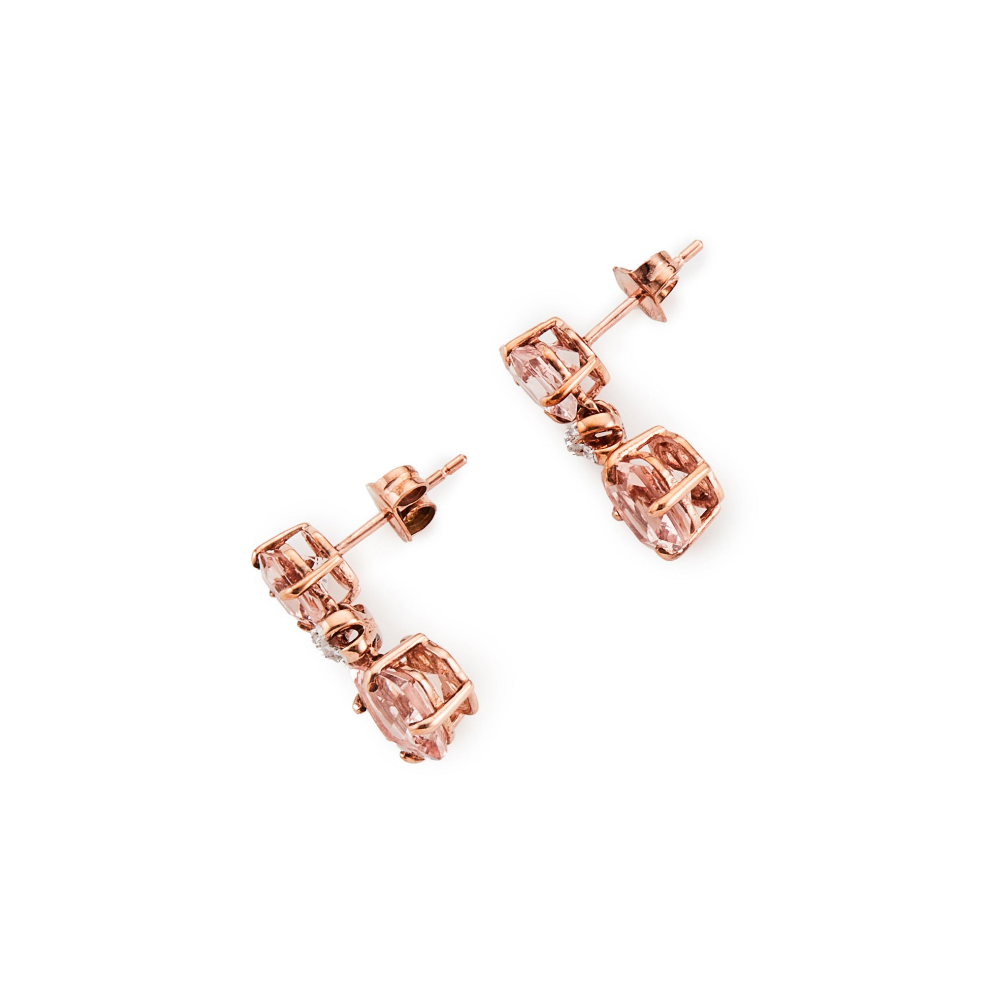 Stunning 9ct rose gold pendant earrings, each set with two pink cushion cut morganites and five tiny diamonds, set in white gold.