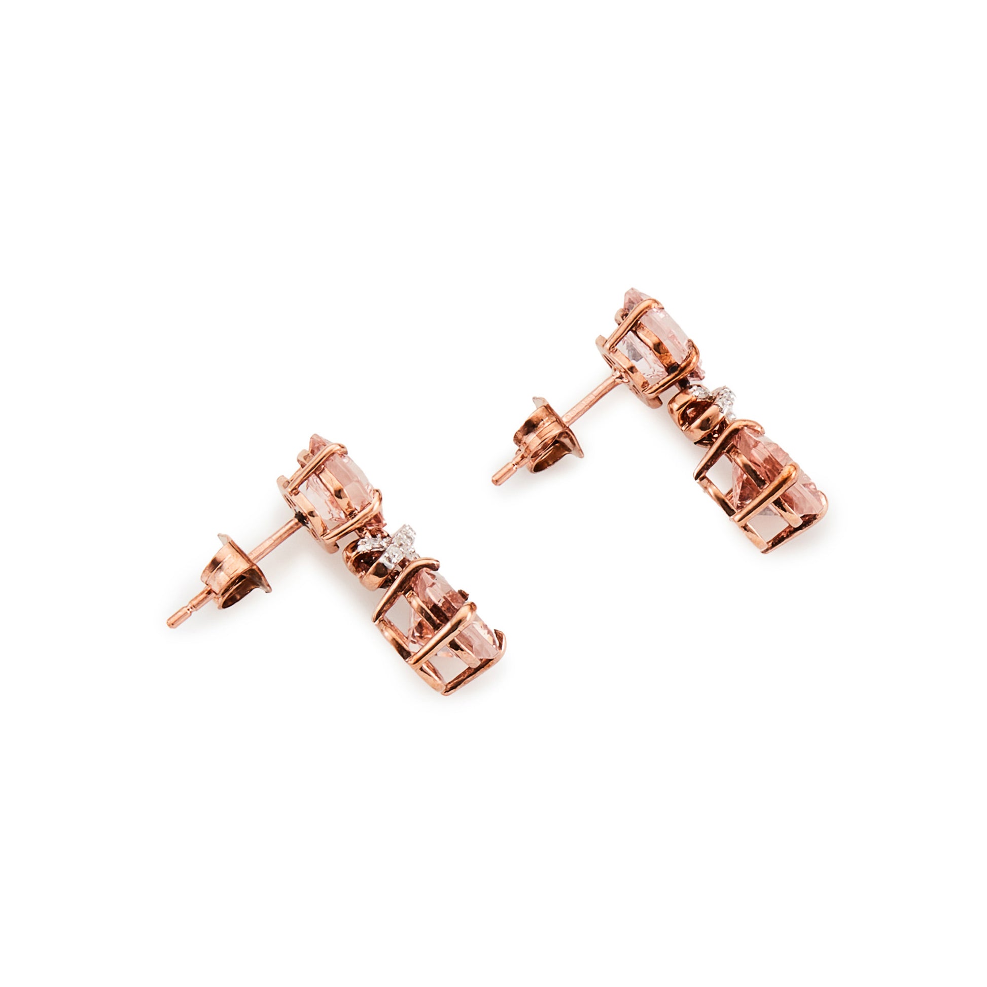 Stunning 9ct rose gold pendant earrings, each set with two pink cushion cut morganites and five tiny diamonds, set in white gold.