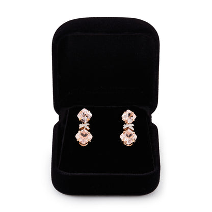 Stunning 9ct rose gold pendant earrings, each set with two pink cushion cut morganites and five tiny diamonds, set in white gold.