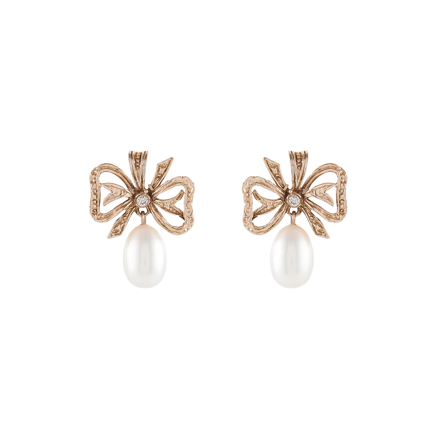 Lovely 9ct rose gold bow shaped earrings, each set with a small diamond and a lustrous pearl drop.