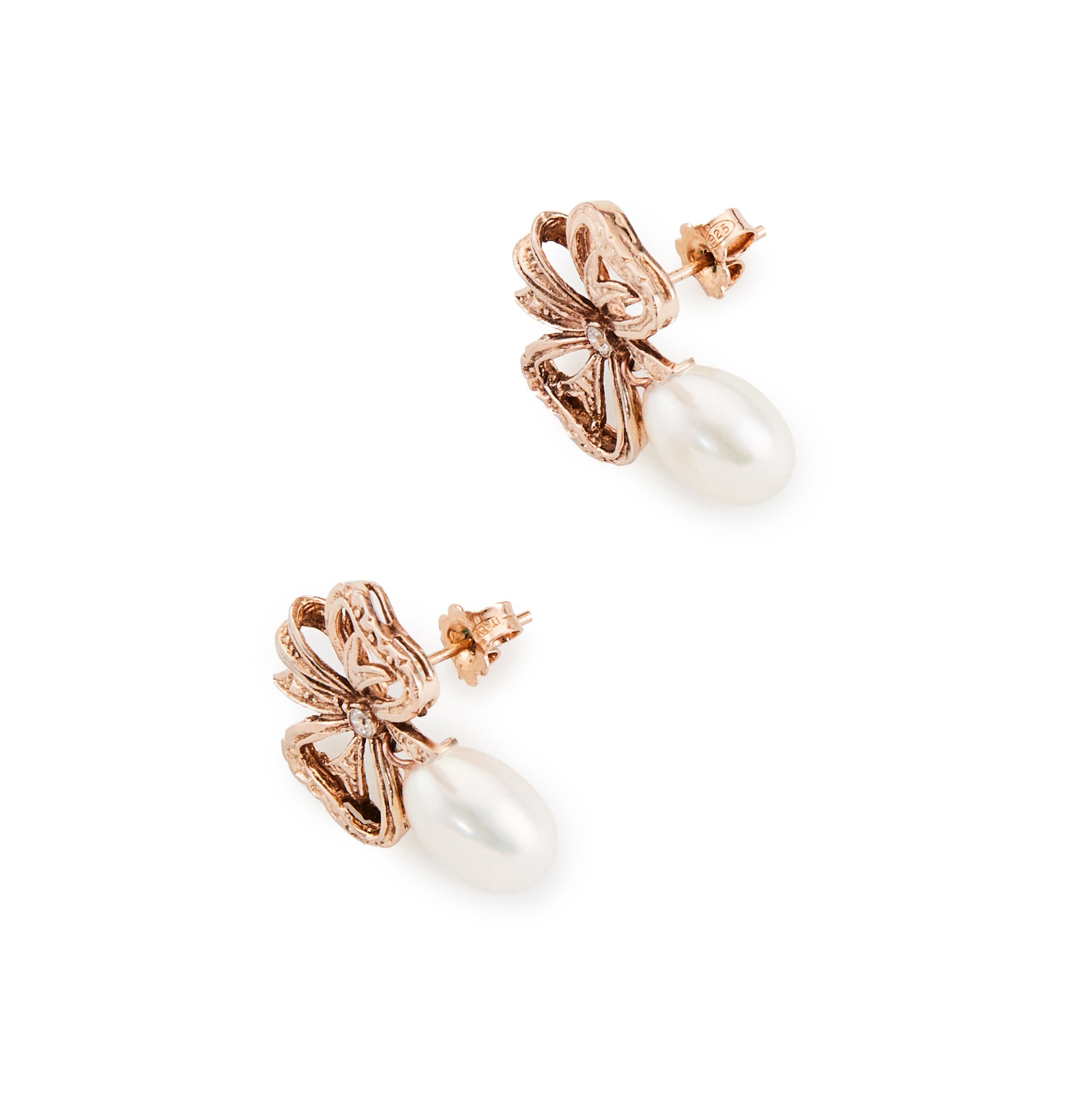 Lovely 9ct rose gold bow shaped earrings, each set with a small diamond and a lustrous pearl drop.