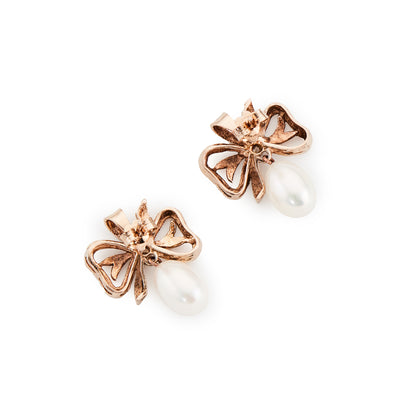 Lovely 9ct rose gold bow shaped earrings, each set with a small diamond and a lustrous pearl drop.