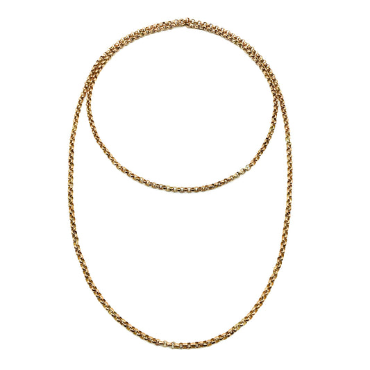 Stunning 9ct rose gold Edwardian curb link long guard chain. Long enough to be worn as a single, double or triple strand necklace.
