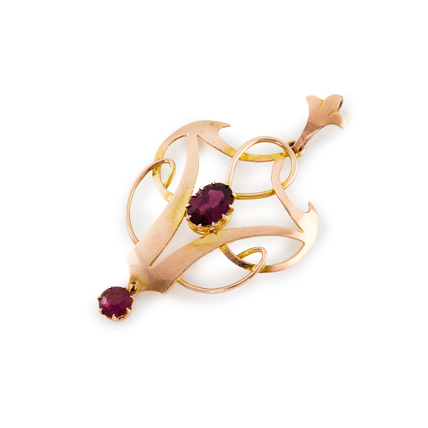 Pretty 9ct rose gold Art Nouveau pendant set with two faceted purple-red garnets.