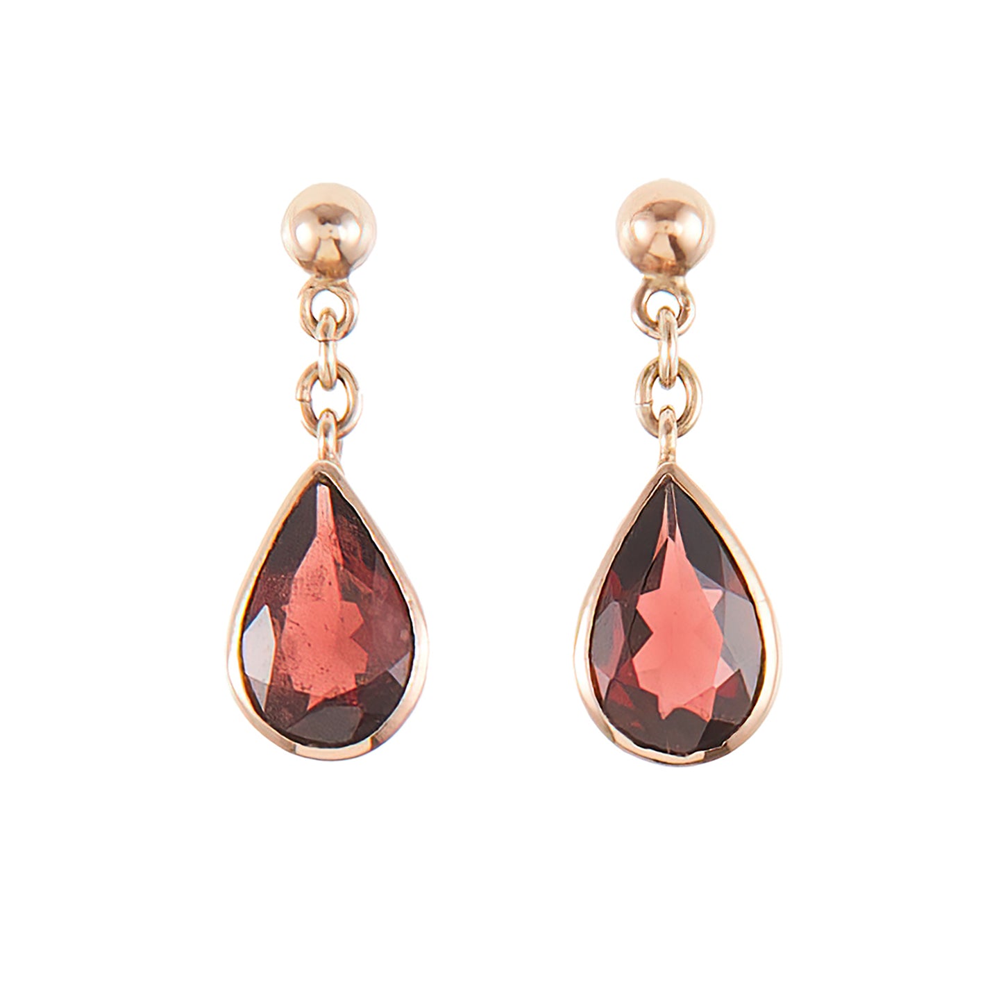 Vintage 9ct rose gold earrings, each set with a beautifully faceted teardrop-shaped garnet with a deep red hue.