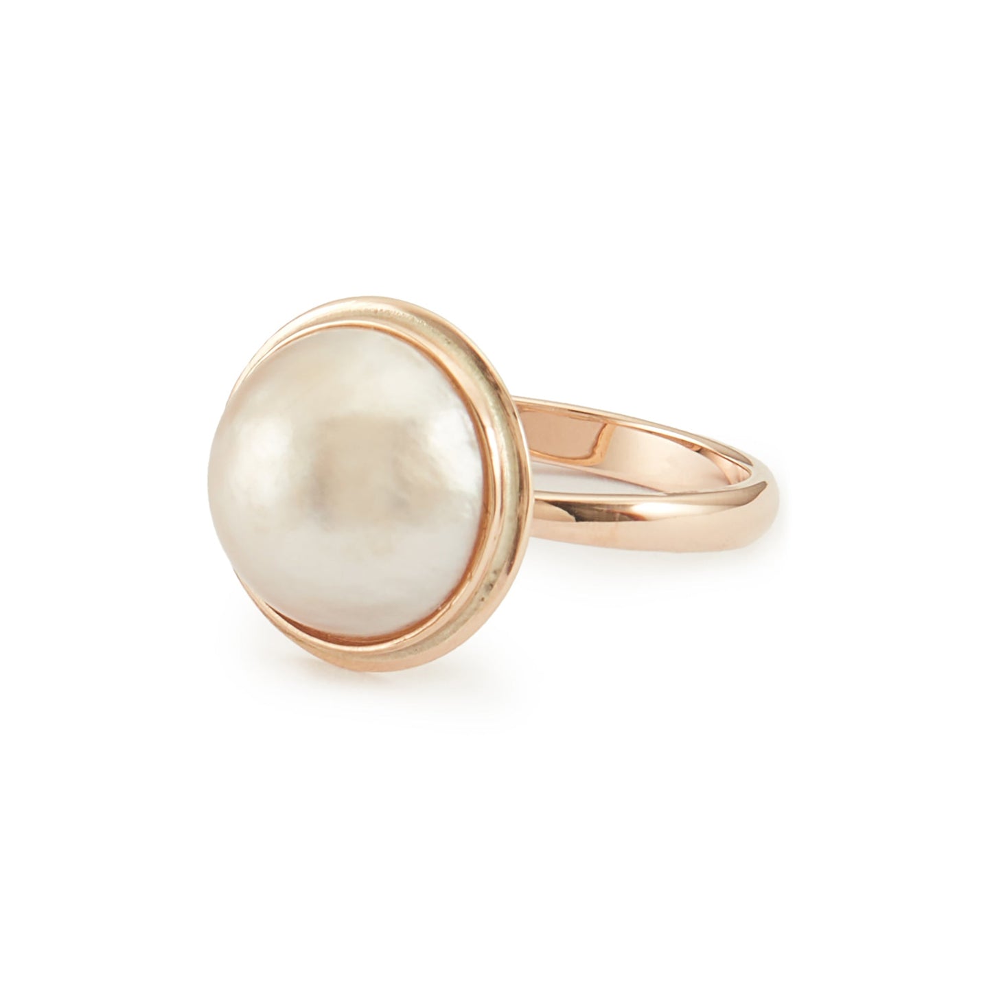 Classic 9ct rose gold ring with a lustrous mabe pearl in a tube setting.