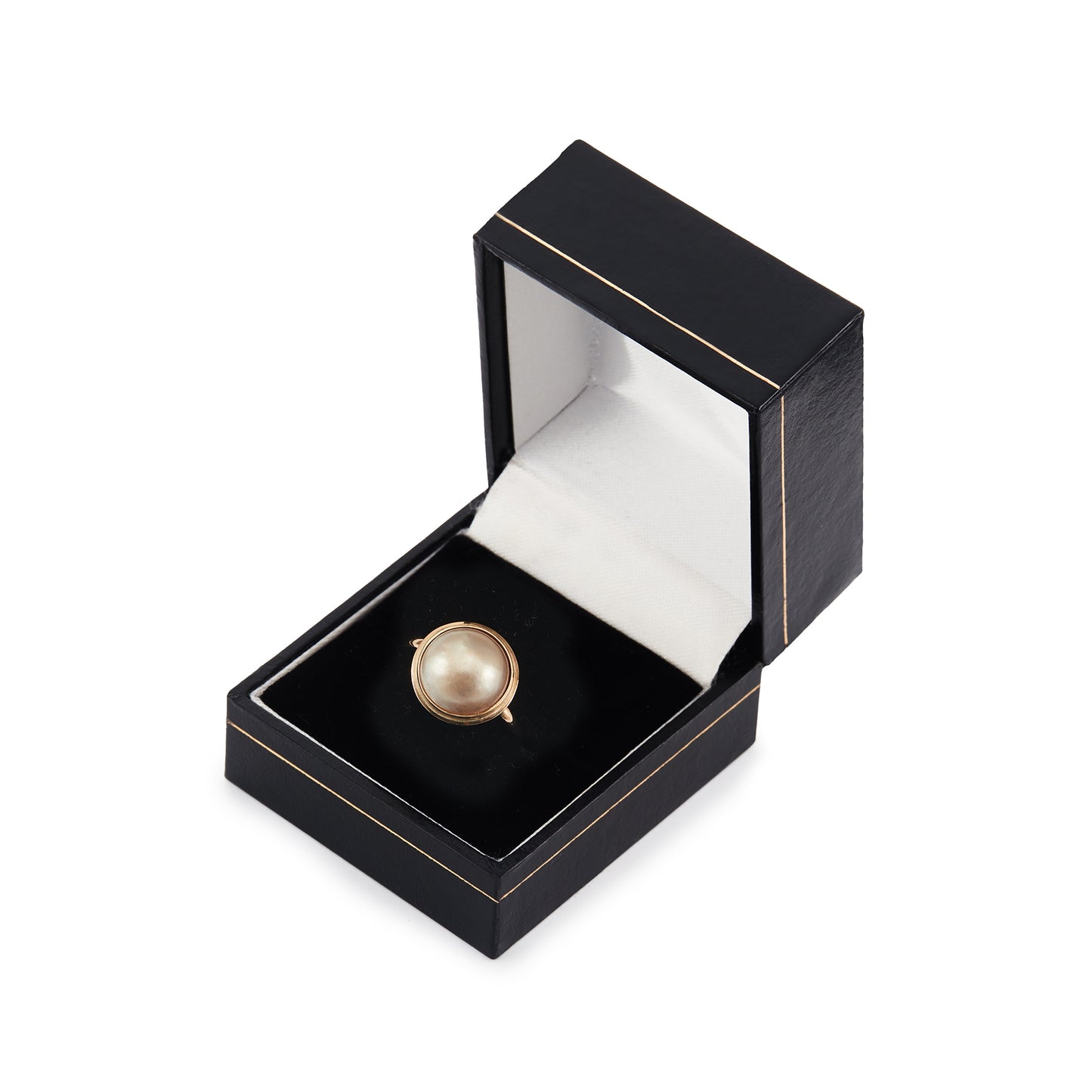 Classic 9ct rose gold ring with a lustrous mabe pearl in a tube setting.