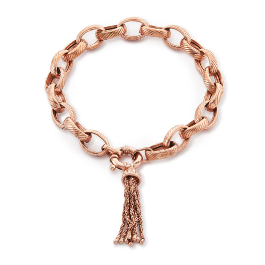Vintage 9ct rose gold on sterling silver bracelet with a chunky bolt ring and tassel. Italy

Maker: IL FARO