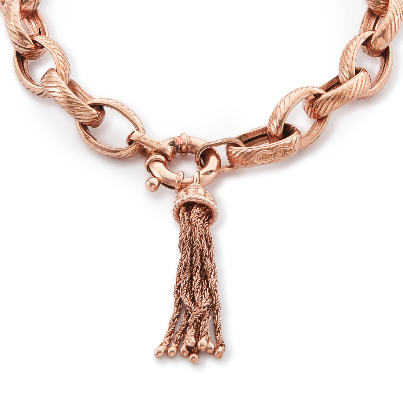 Vintage 9ct rose gold on sterling silver bracelet with a chunky bolt ring and tassel. Italy

Maker: IL FARO