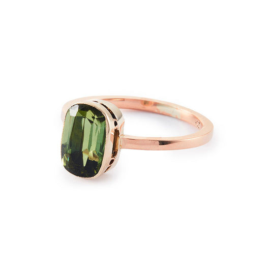 Classic 9ct rose gold ring set with a beautiful, deep green cushion-cut tourmaline.