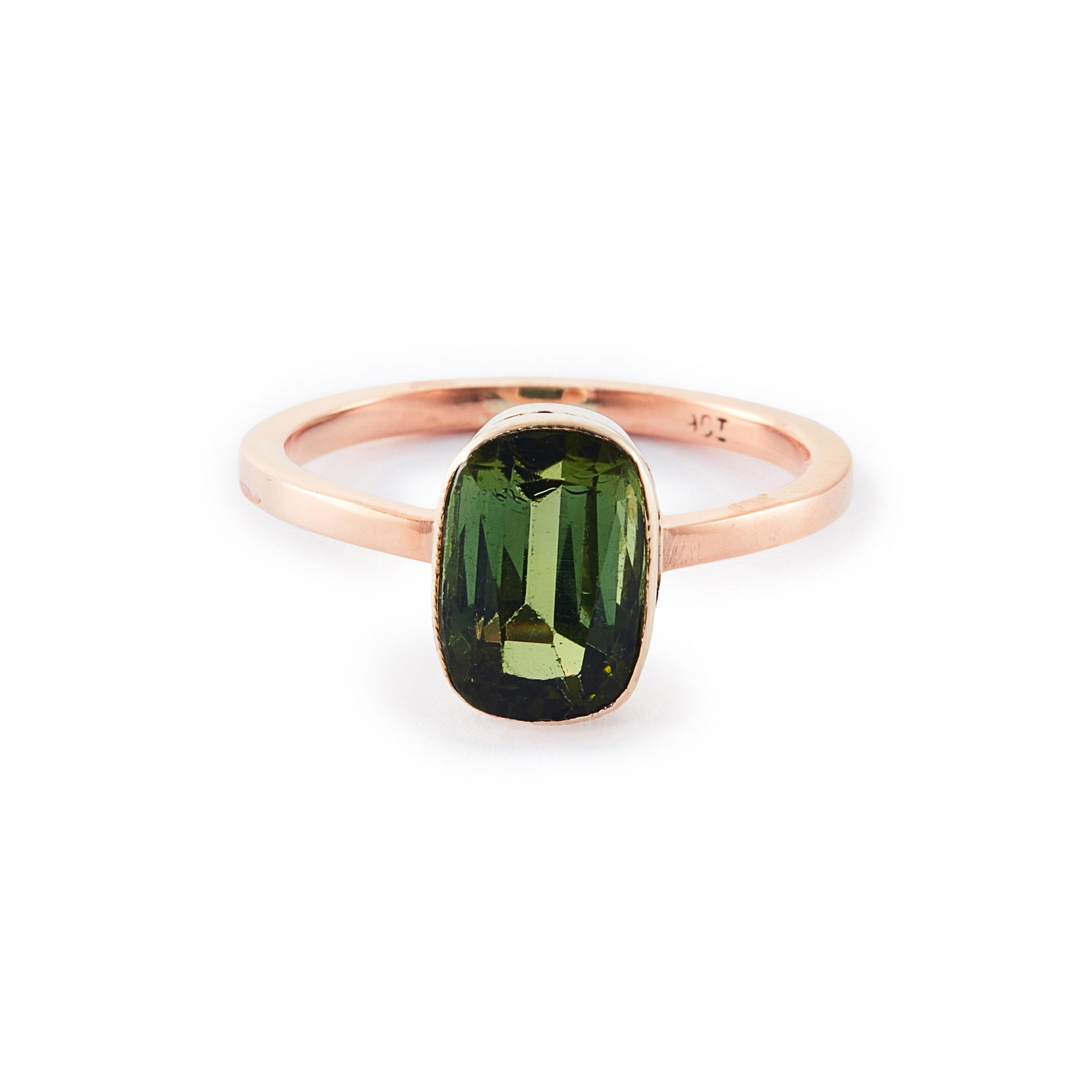 Classic 9ct rose gold ring set with a beautiful, deep green cushion-cut tourmaline.