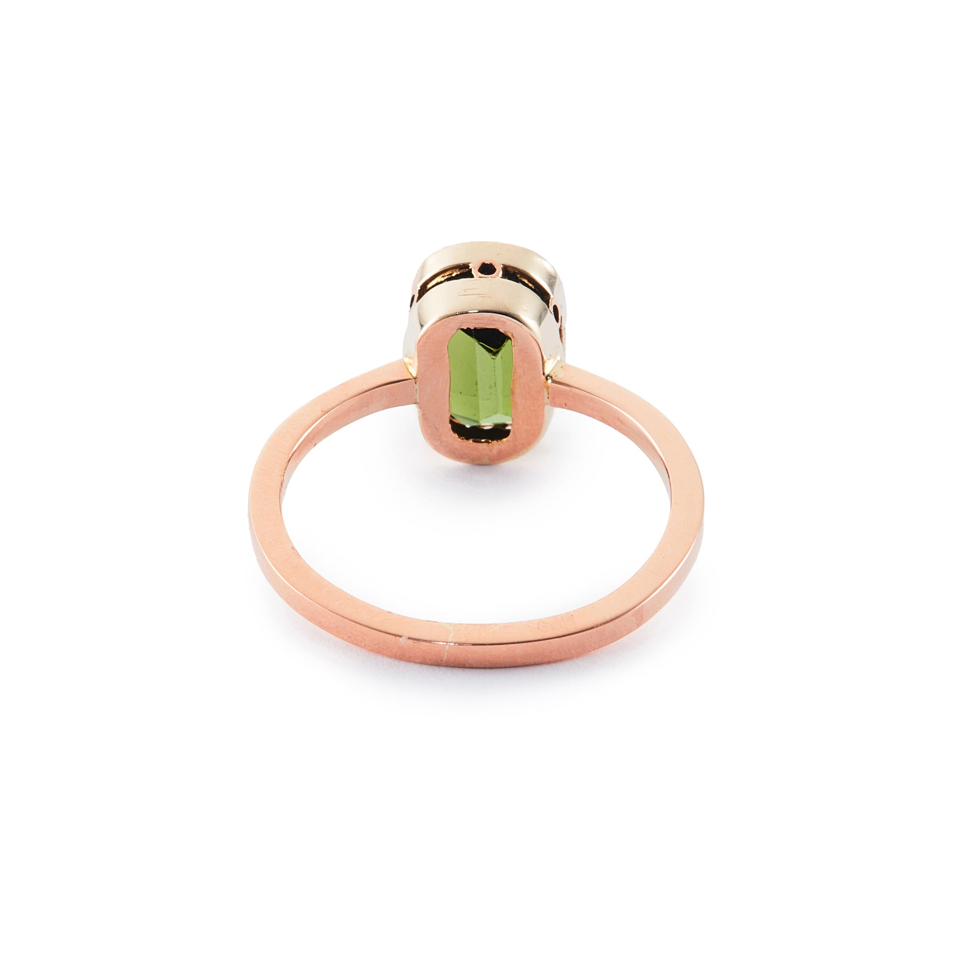 Classic 9ct rose gold ring set with a beautiful, deep green cushion-cut tourmaline.