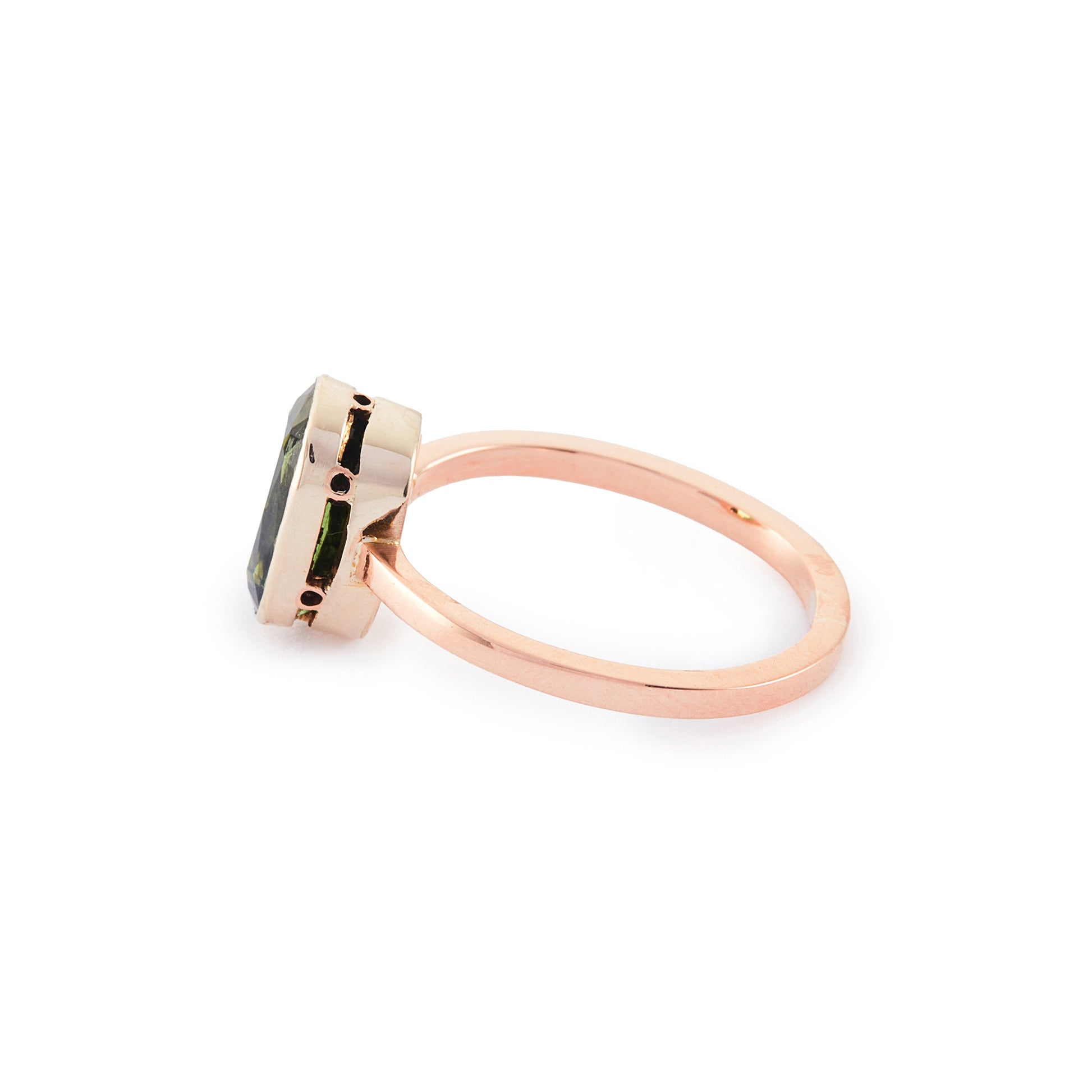 Classic 9ct rose gold ring set with a beautiful, deep green cushion-cut tourmaline.