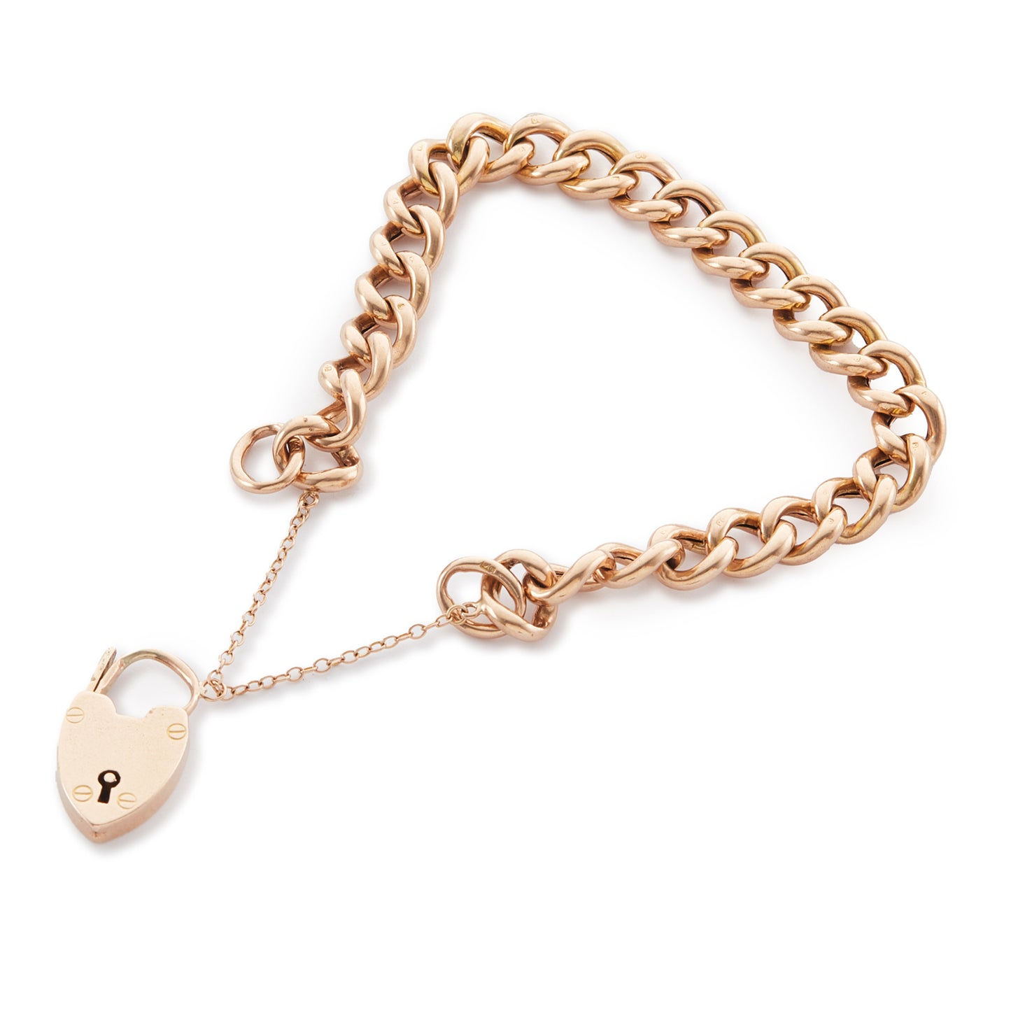 Classic Victorian 9ct rose gold curb link bracelet with a padlock and safety chain.